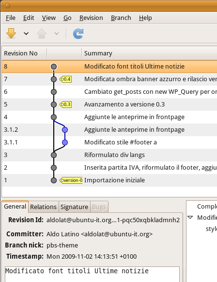 La storia delle revisioni di un progetto, con i commit locali (in blu) poi riuniti e i tag.